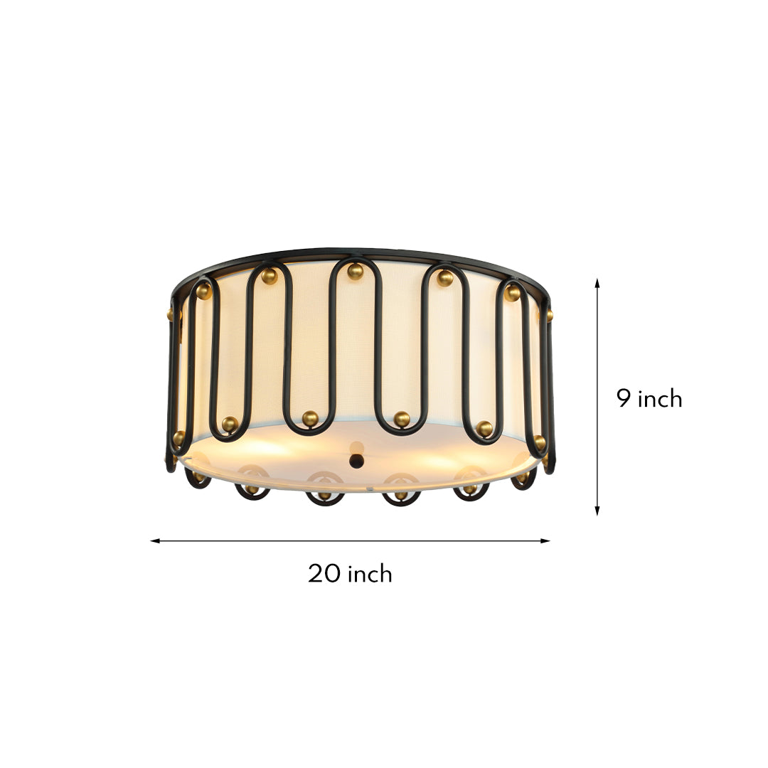 Dimensions graphic for the round drum ceiling light flush mount, showing its 20-inch width and 9-inch depth.