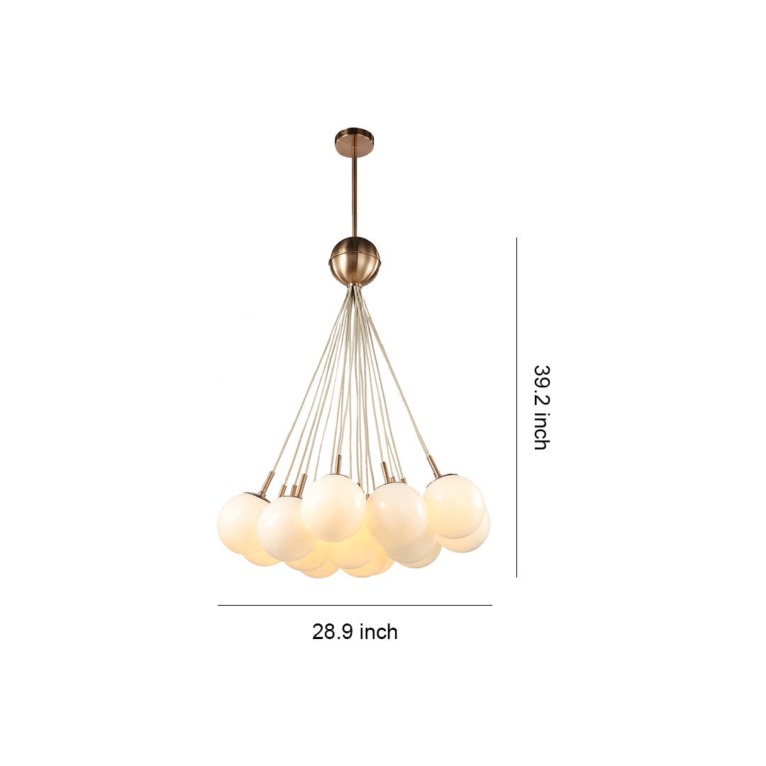 Dimensions graphic for the statement bubble glass chandelier, detailing its 23.3-inch width and 36.2-inch height, ideal for a grand dining room.