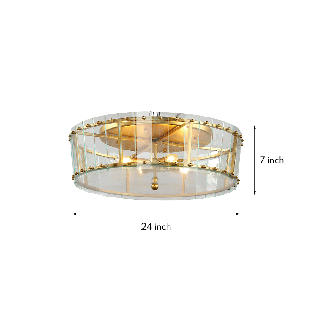 Dimensions graphic for the large flush mount gold light, detailing its 24-inch diameter and 7-inch height, suitable for low ceilings.