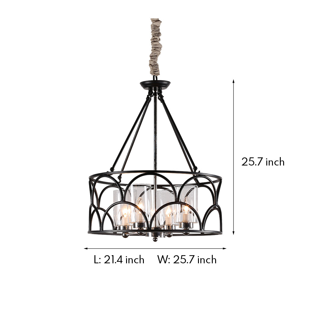 Dimensions graphic for the small chandelier with black finish, showing its 25.7-inch width and 24.7-inch height.