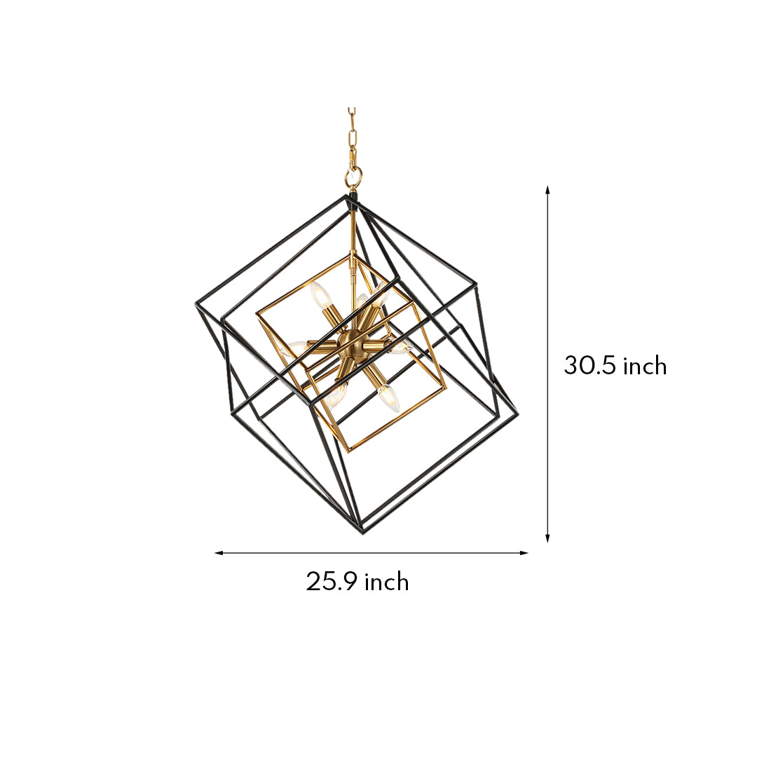 Dimensions graphic for the square pendant lights, detailing its 25.9-inch width and 30.5-inch height for scale reference.