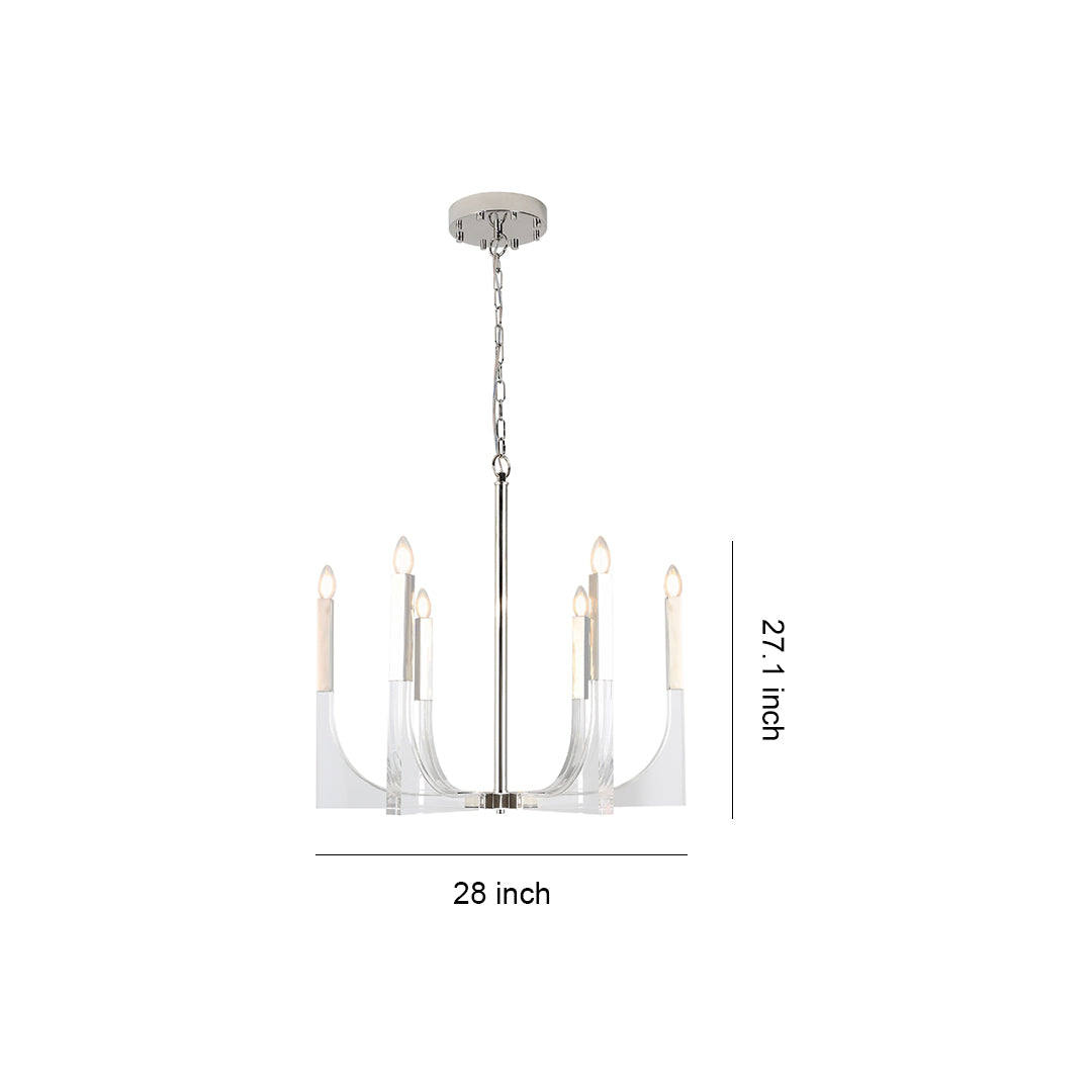 Dimensions graphic for the modern retro chandeliers, detailing its 27-inch height and 28-inch diameter.