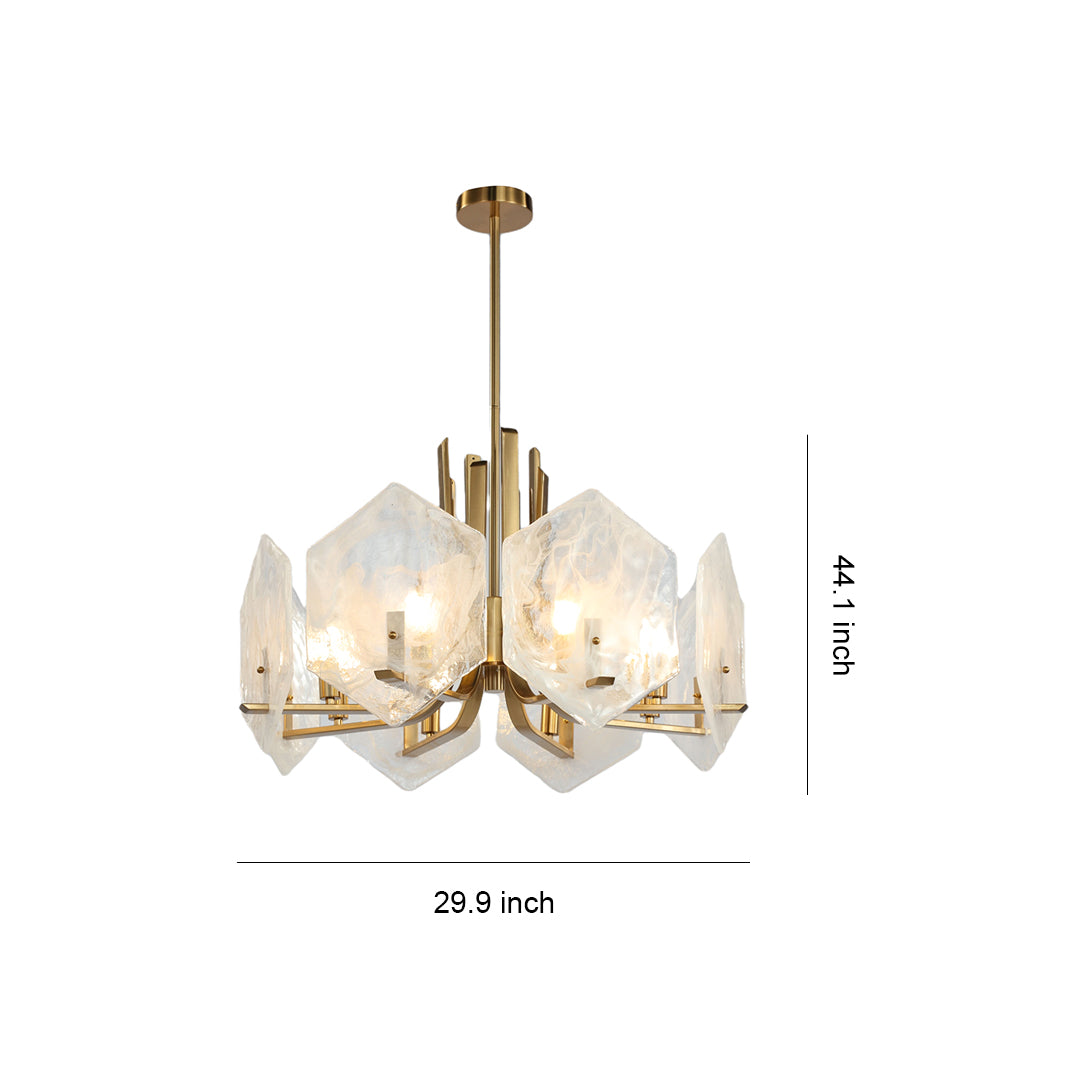 Dimensions graphic for the large gold geometric chandelier, detailing its 28.8-inch width and 41-inch maximum drop height.