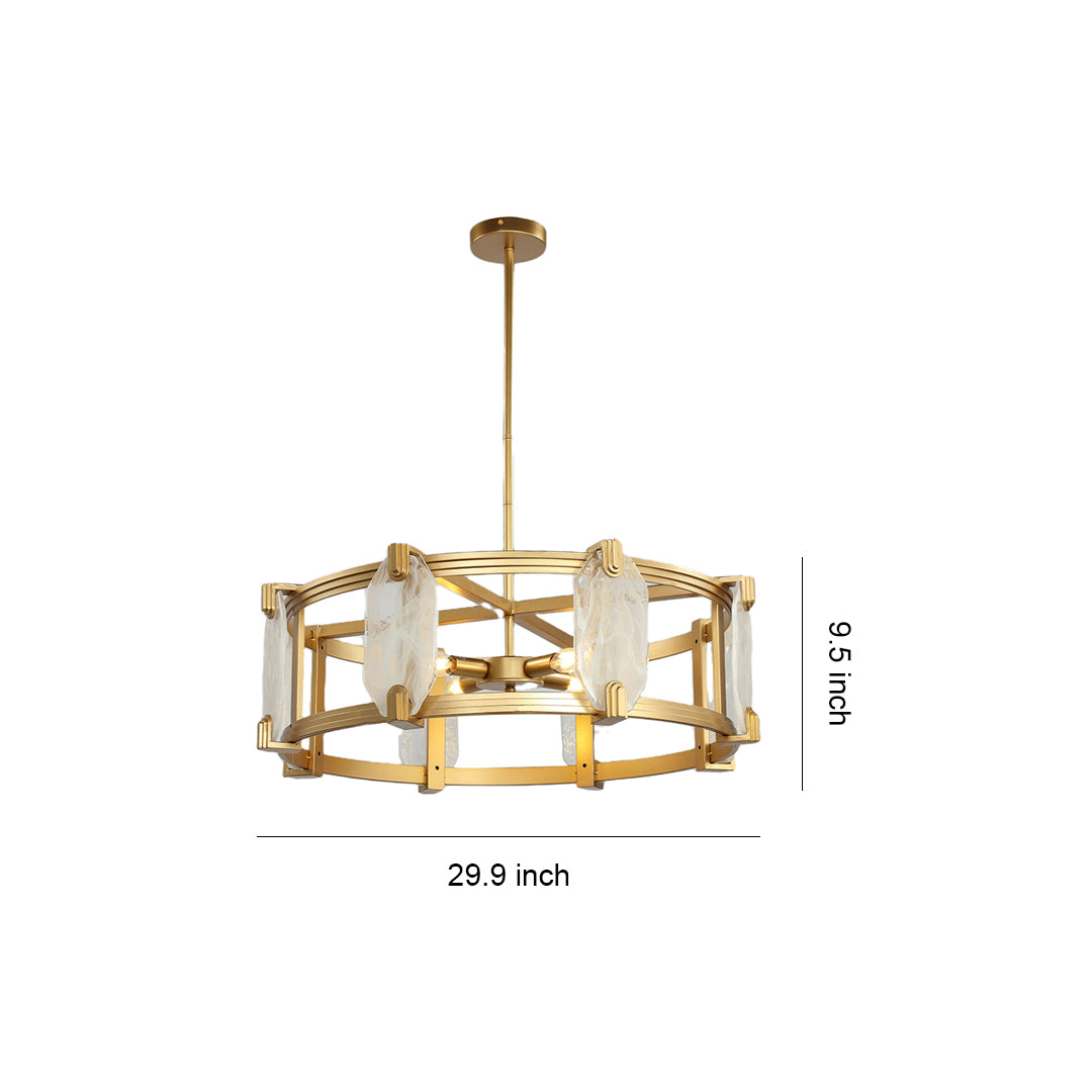 Dimensions graphic for the round glass chandelier, detailing its 28.5-inch width and 8.5-inch height, ideal for medium to large dining areas.