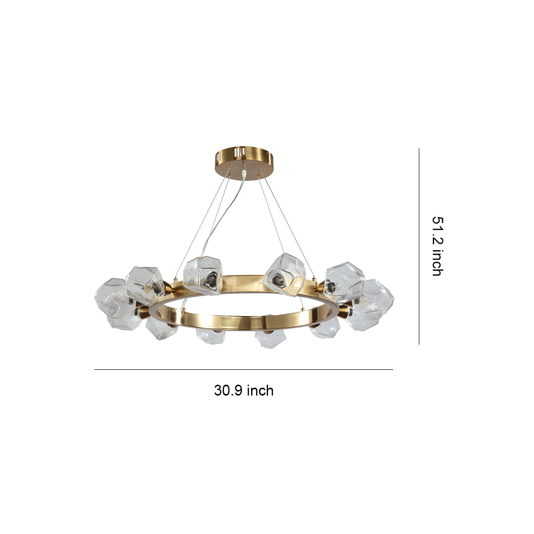 Dimensions graphic for the large gold round chandelier, detailing its 30.3-inch width and 51.2-inch adjustable chain drop.