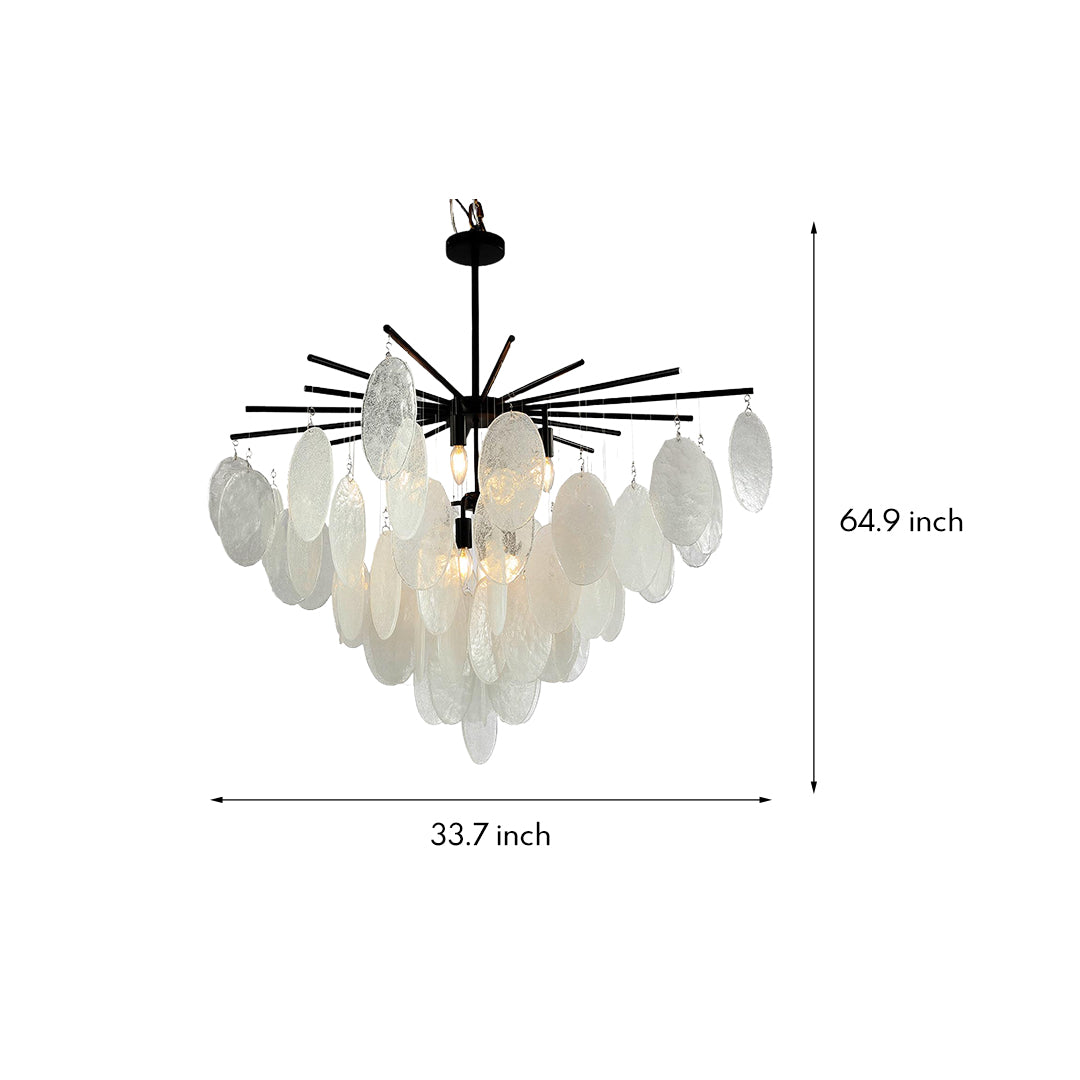 Dimensions graphic for the mother of pearl chandelier, detailing its wide 33.7-inch span, ideal for creating a statement piece in large rooms.