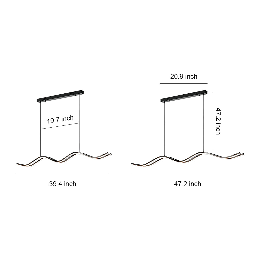 Dimensions graphic for the two available sizes of the black kitchen island pendant light, detailing the 35.5-inch and 47.2-inch width options.