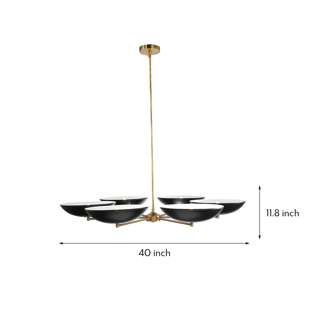 Dimensions graphic for the black and gold chandeliers, detailing its 40-inch width and 18-inch height, suitable for long dining rooms.