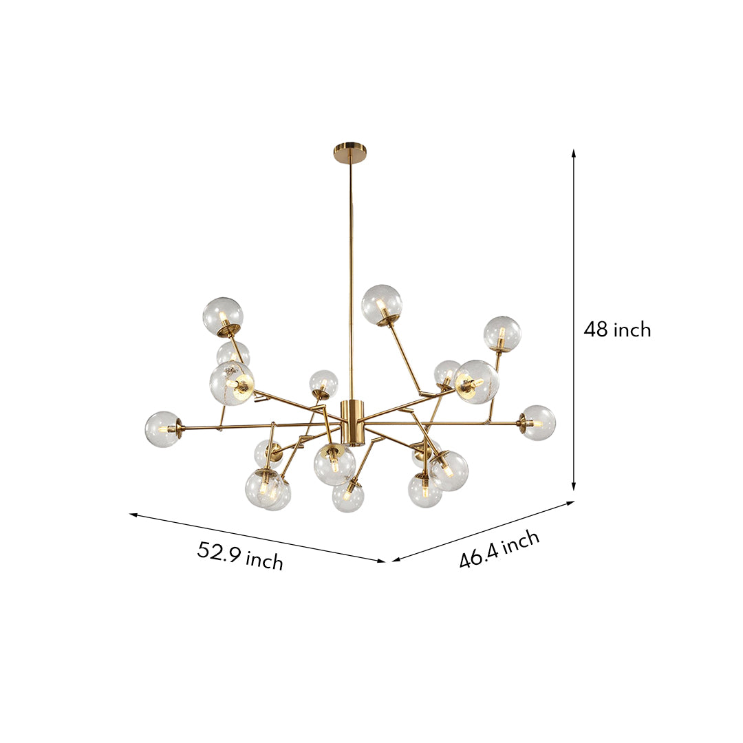 Dimensions graphic for the large bubble sputnik chandelier, detailing its 52.9-inch wide span, suitable for spacious, open-plan areas.