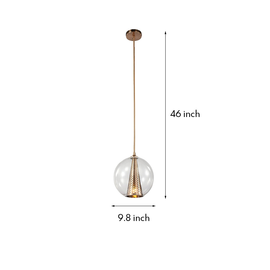 Dimensions graphic for the glass ball pendant lights, detailing its 9.8-inch width and 46-inch adjustable hanging height.