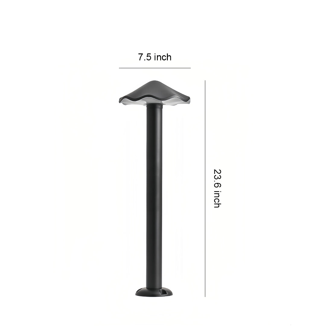 Metal pathway lights dimensions chart, illustrating the 7.5-inch width and 23.3-inch height of the black mushroom bollard fixture.