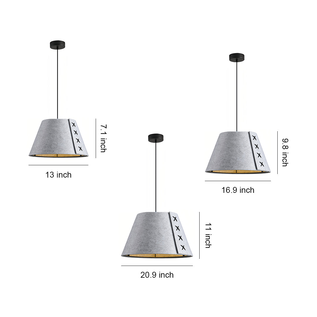 Dimensions chart for three size options of the gray felt hanging pendant lights 