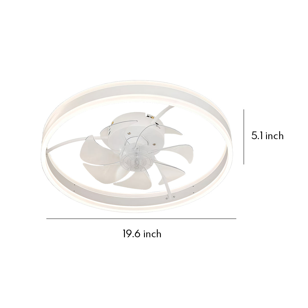 Dimensions chart for a compact modern white ceiling fan with light, showing a width of 19.6 inches and a minimal height of 5.1 inches. 