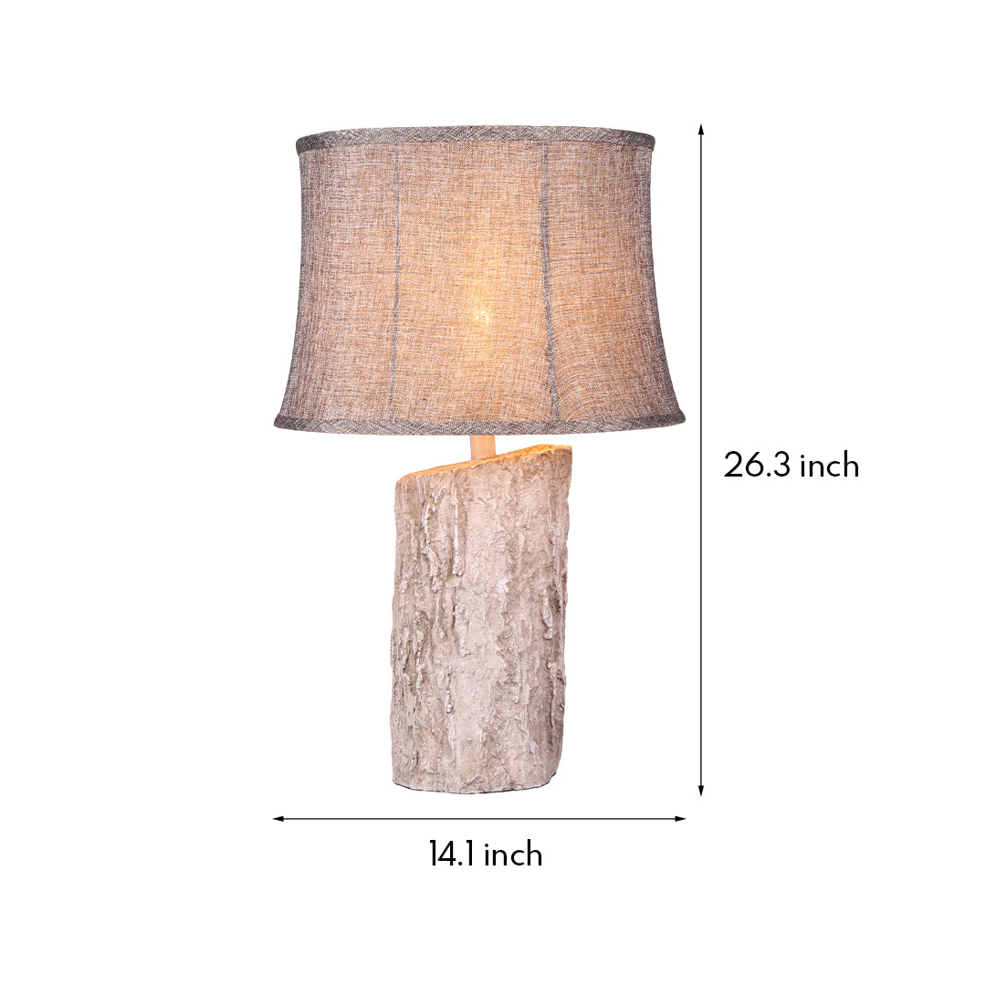 Dimensions diagram for the white wood table lamp, indicating a width of 14.1 inches and a total height of 26.3 inches.