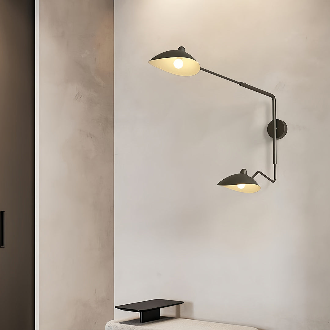 Dimensions diagram for the double swing arm wall light, indicating a maximum horizontal reach of 31.3 inches and a vertical drop of 20.5 inches.