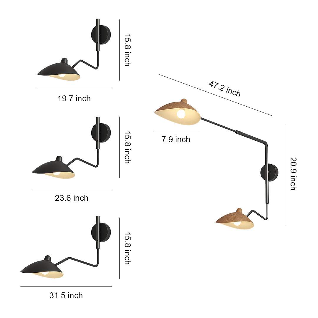 Detailed dimensions diagram for the dual swing arm wall light, featuring a maximum horizontal reach of 31.