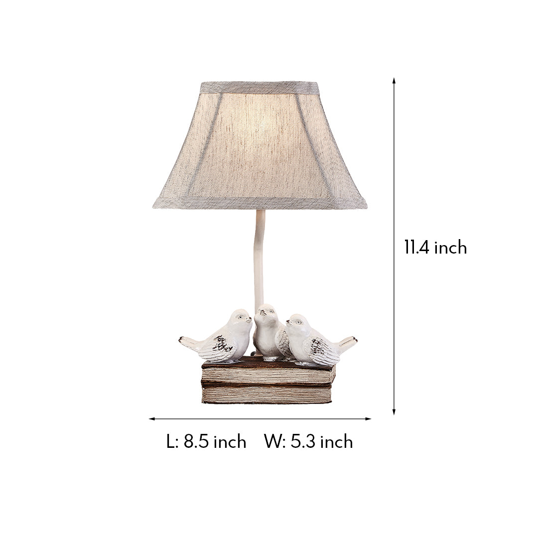 Dimensions diagram for the small bird table lamp, showing a length of 8.5 inches, width of 5.3 inches, and a total height of 11.6 inches.