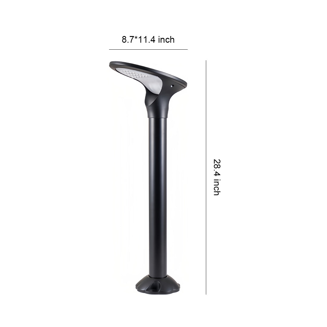Dimensions diagram for the black solar bollard lights, showing the 11.4-inch head width and 23.6-inch overall height.