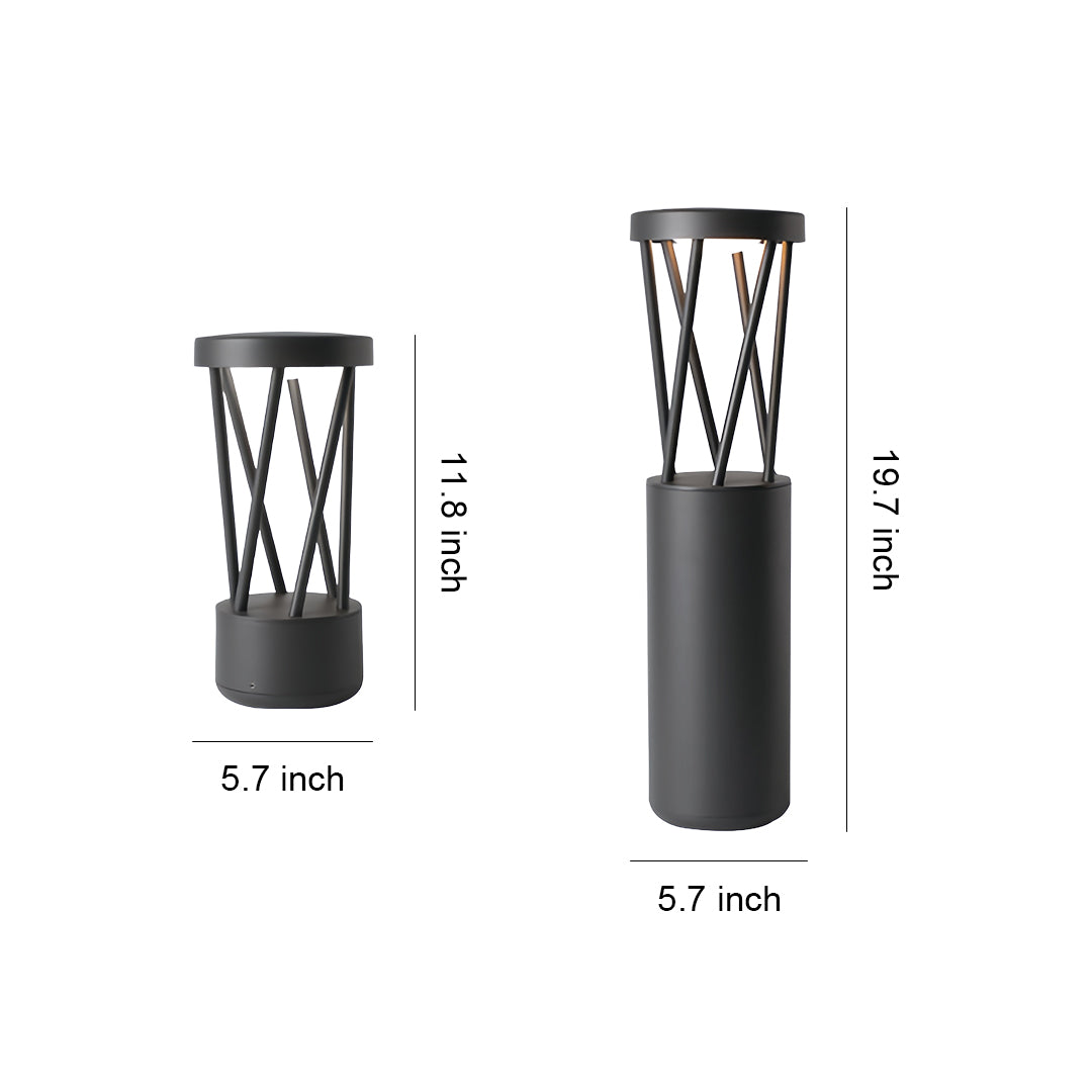 Dimensions diagram showing two sizes for the black bright path lights, with heights of 11.9 inches and 19.7 inches.