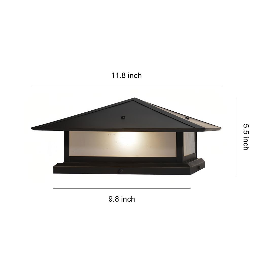 Dimensions diagram for the wide-base black pillar lights, showing 9.8-inch width and 6.5-inch overall height.