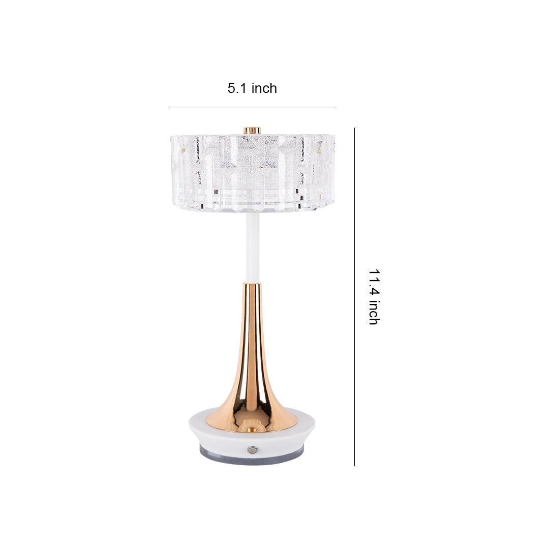 Dimensions display for the gold-base cordless mushroom table lamp, noting the 7.4-inch overall height. 