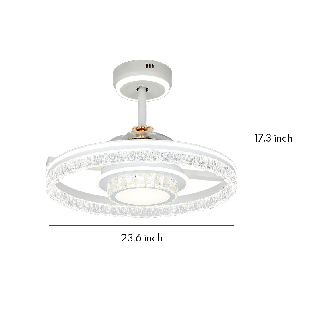 Dimensions guide for the elegant white crystal ceiling fan with round light, showing a 23.6-inch width and 17.3-inch hanging height. 