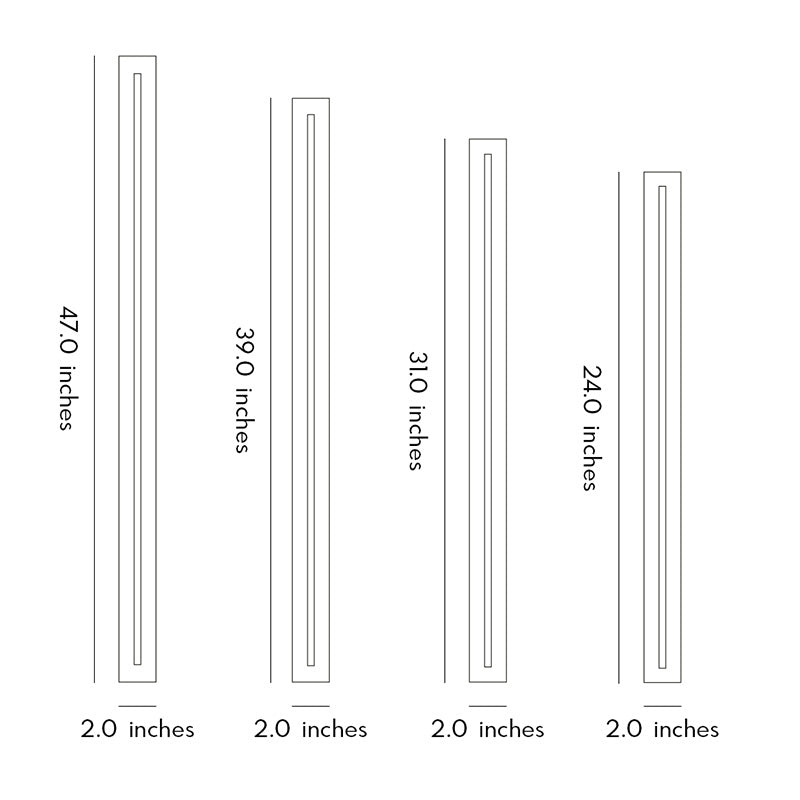 Size guide and dimensions for different lengths of long black wall sconces.