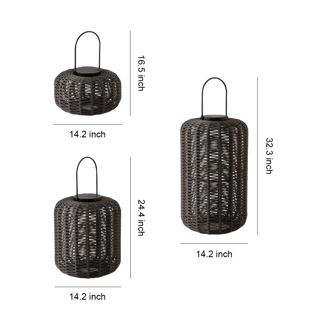 Dimensions diagram of three dark brown outdoor LED lantern sizes: 16.5, 24.4, and 32.5 inches tall, all 14.2 inches wide.