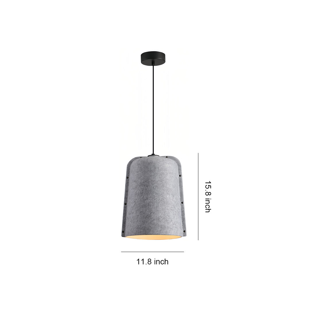 Dimensions view of the grey felt adjustable pendant light, highlighting the 11.8-inch width for precise planning.