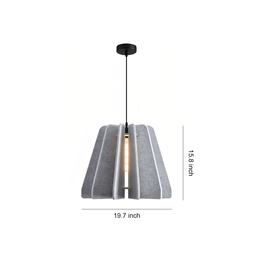 Dimensions view of the grey felt 1 light single pendant, showing the 15.7-inch width for size reference.