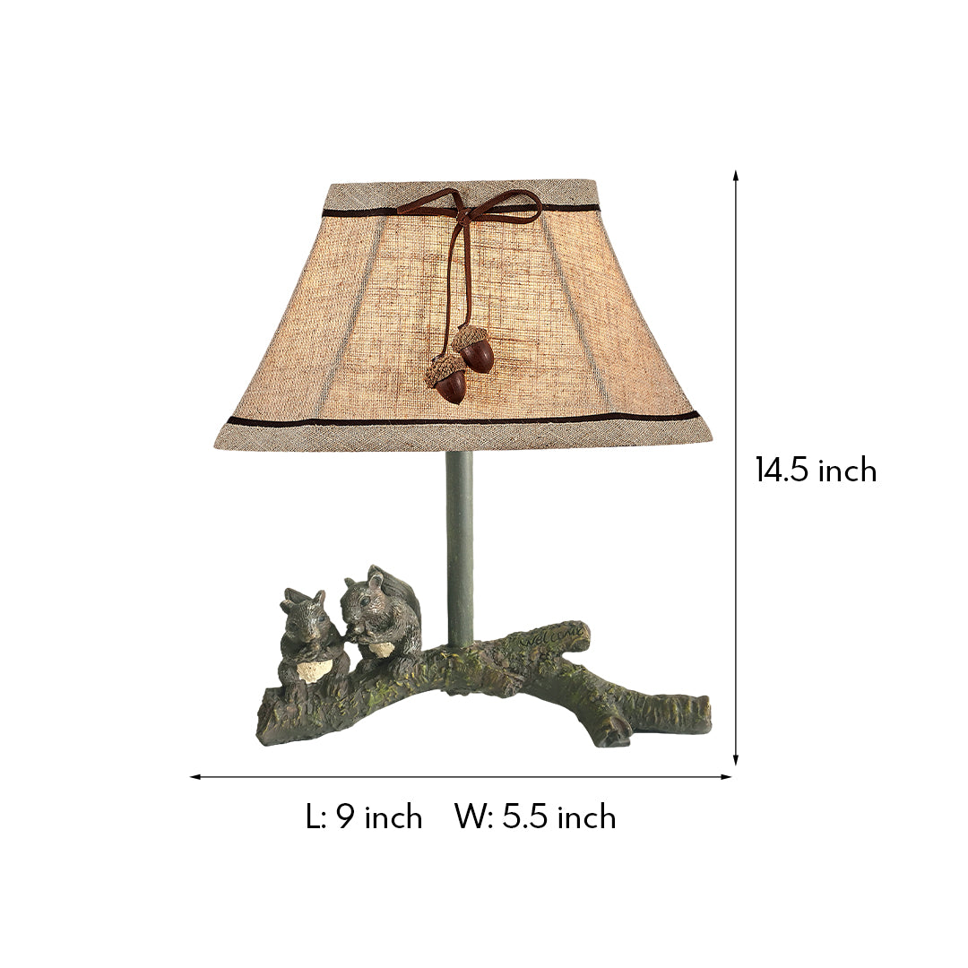 Dimensions graphic for the accent squirrel table lamp, showing its 9-inch length and 14.5-inch total height.