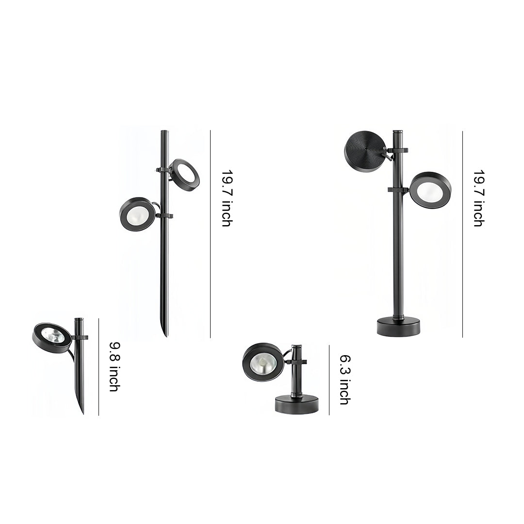 Dimensions and configuration graphic for the adjustable black pathway landscape lights, detailing stake and base mount options and size.