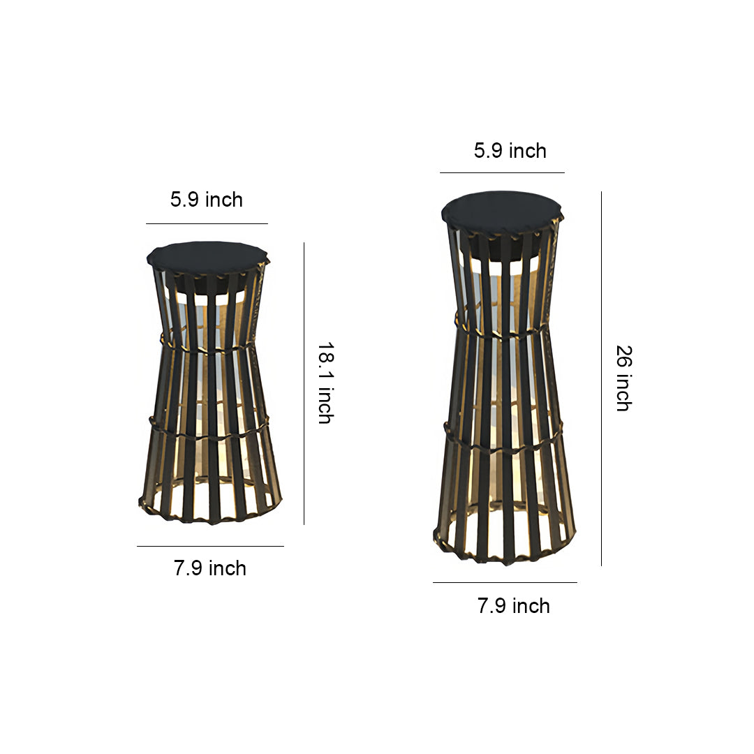 Dimensions diagram for two heights of the black woven-style outdoor black lanterns (19.1 inches and 25 inches tall).
