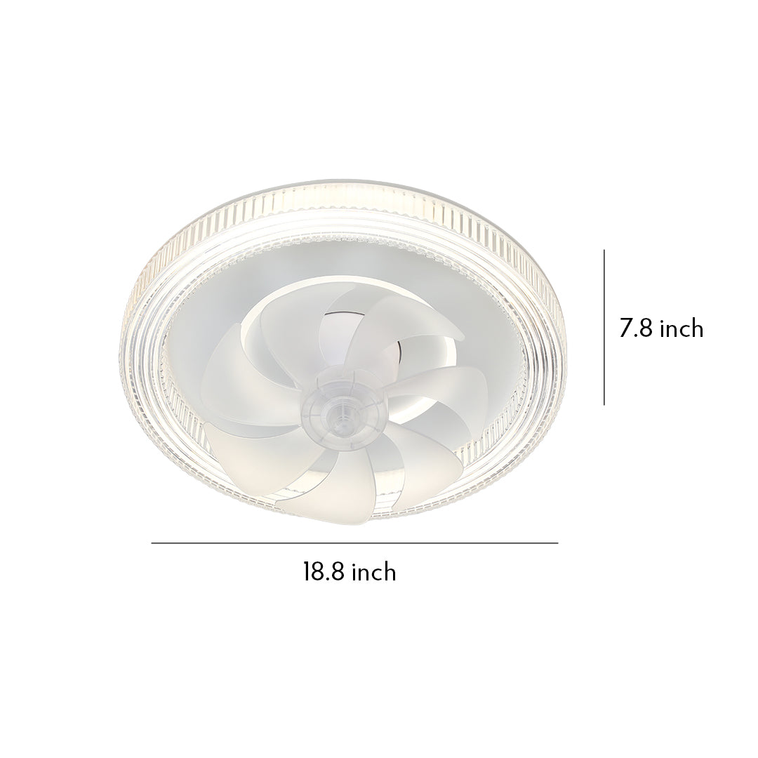 Dimensions chart for the white circular ceiling fan with light, showing a width of 18.8 inches and a compact height of 7.8 inches. 