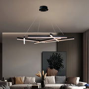 Contemporary dining space with small black pendant light providing ambient chandelier illumination