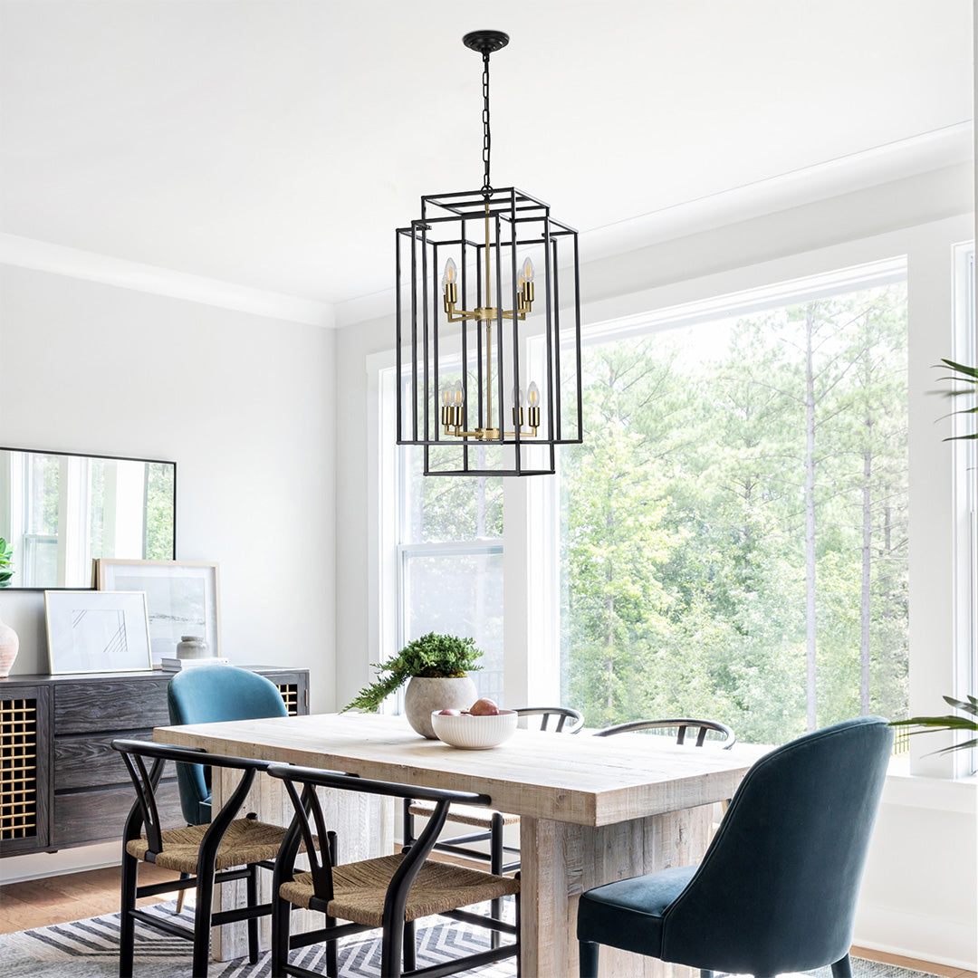 Industrial vintage pendant light illuminating a dining area, creating a warm and inviting atmosphere.