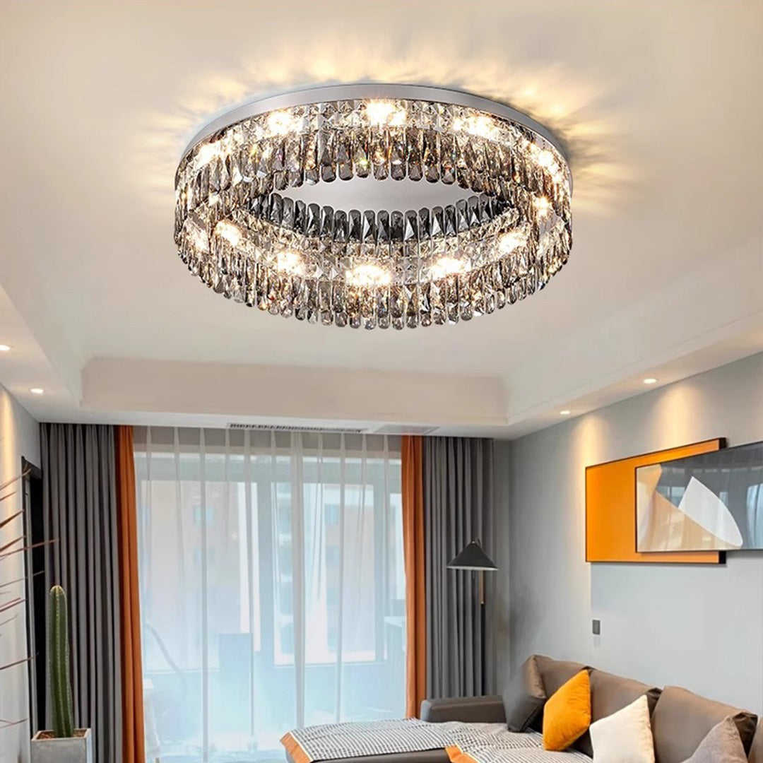 Modern dining room setup featuring sophisticated ceiling round led lights with crystal chandelier design