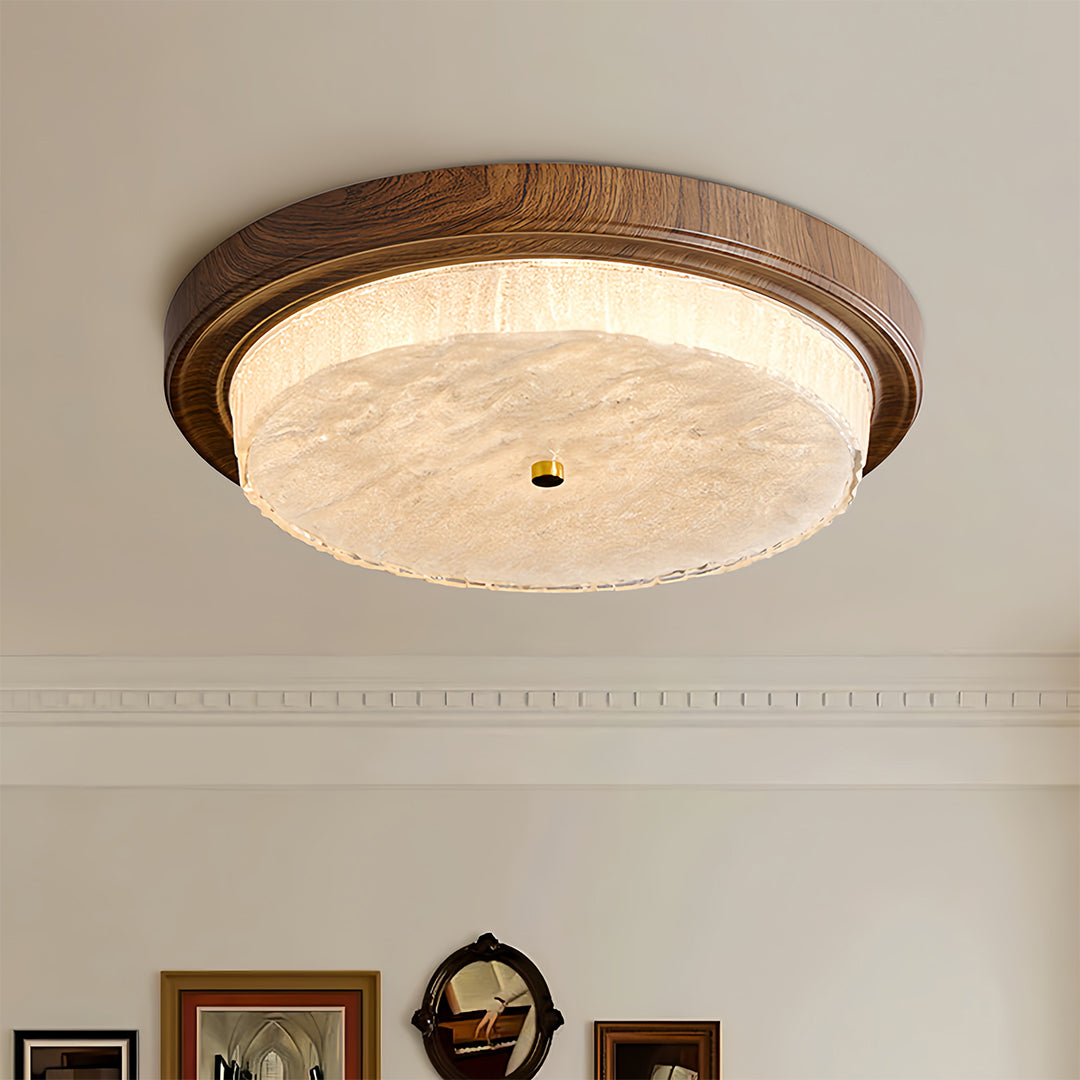Wood flush mount ceiling light providing overhead illumination in traditional dining room setting