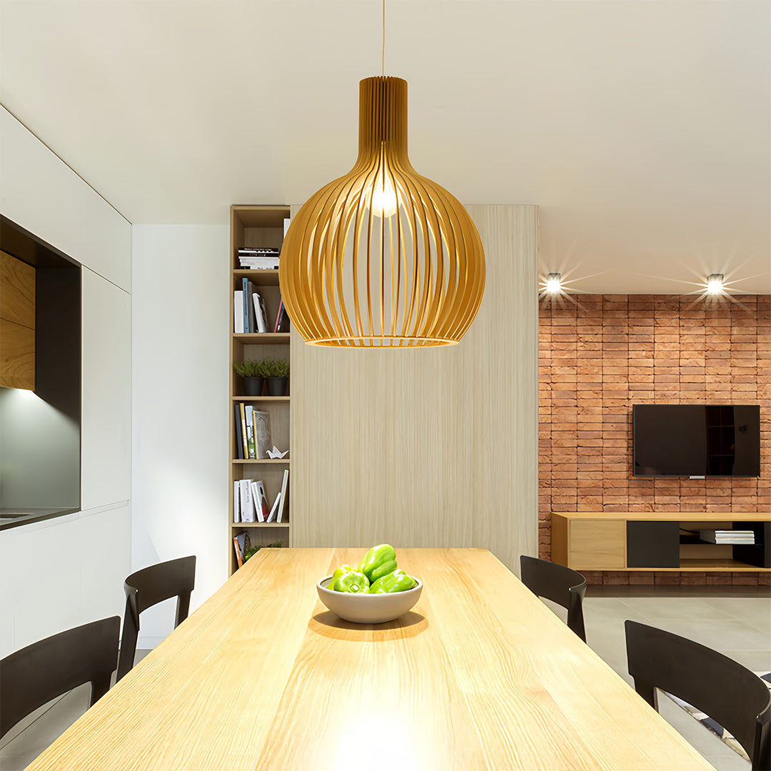 Modern dining room featuring wooden bird cage pendant light, elegant and functional lighting