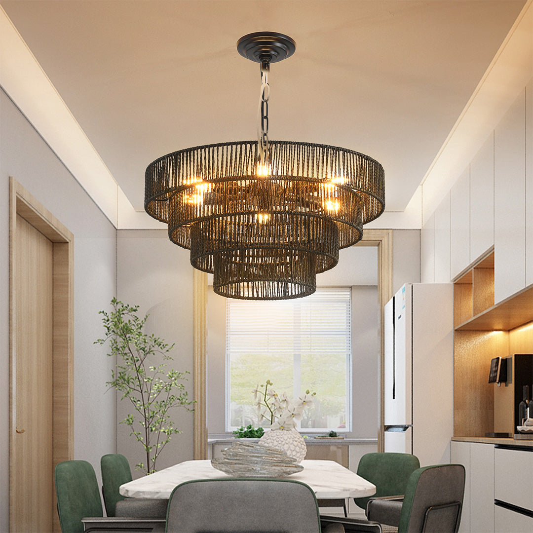 Japanese style chandelier above a dining table, providing a harmonious balance of natural wood and crystal elements.