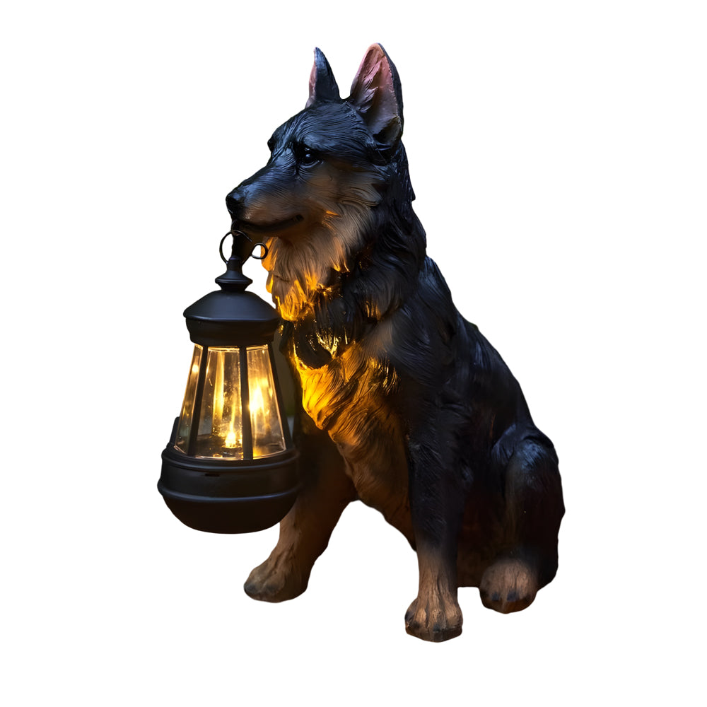 Isolated german shepherd solar dog statue with lantern