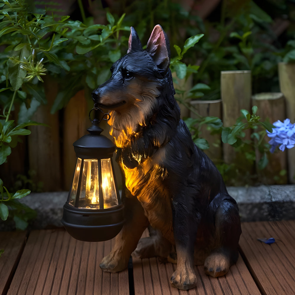 German shepherd dog solar light statue with lantern for yard lighting