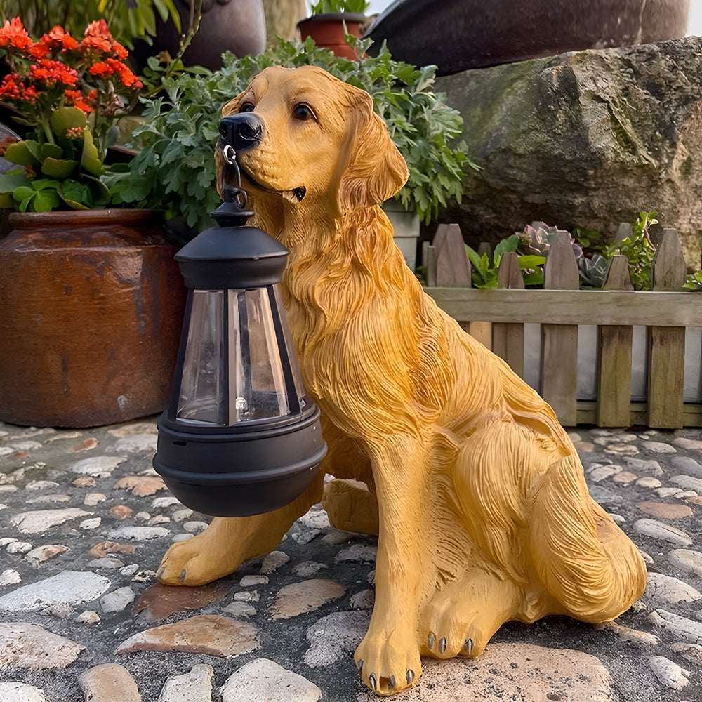 Golden retriever dog solar light statue displayed in a garden