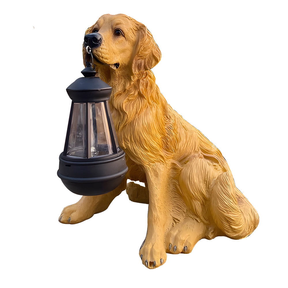 Isolated golden retriever dog solar light statue holding a lantern