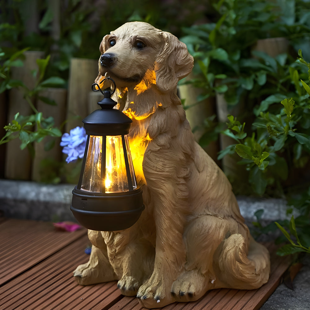 Golden retriever solar dog statue with lantern placed on a deck