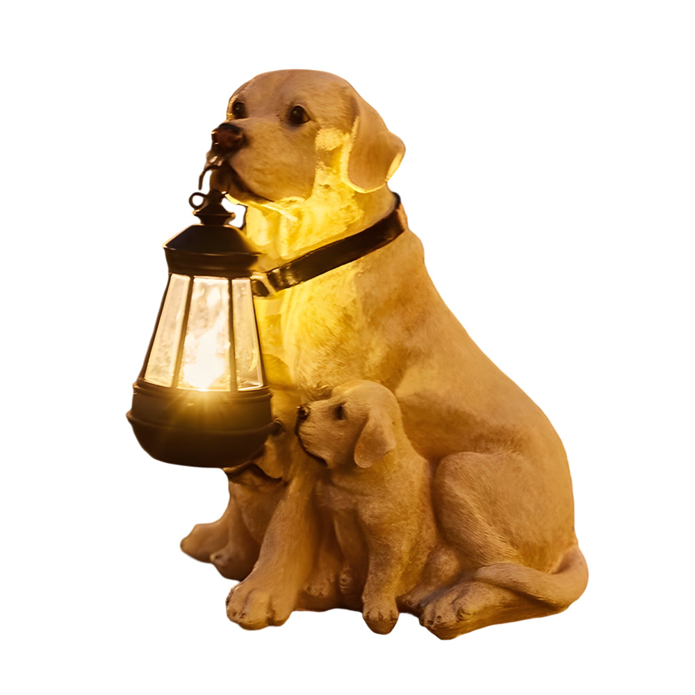 Golden retriever dog solar light statue with puppy holding a lantern