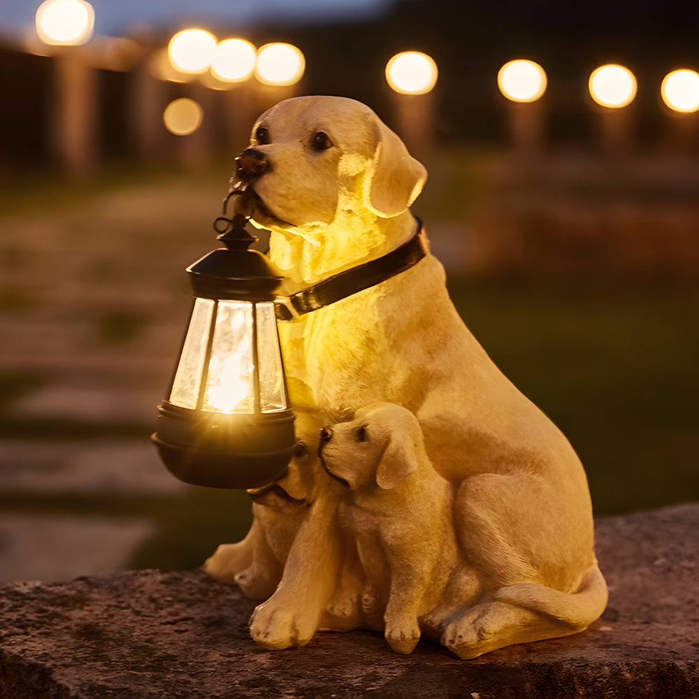 Dog solar light statue featuring a golden retriever holding a lantern with a puppy