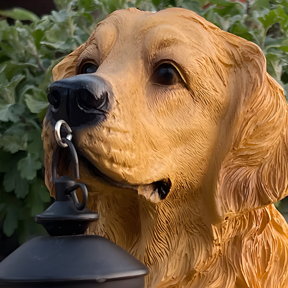 Close-up of dog solar light statue holding a lantern