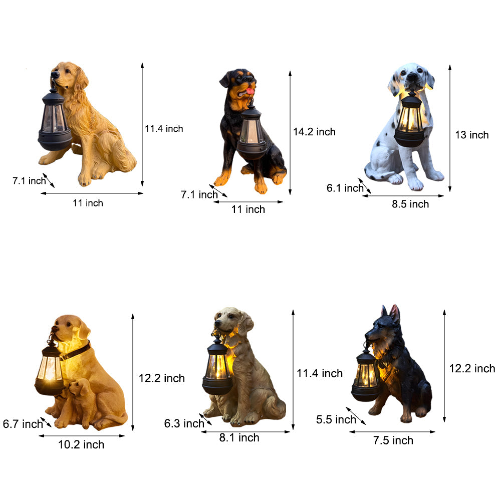 Dog solar light statue showing different styles and size dimensions