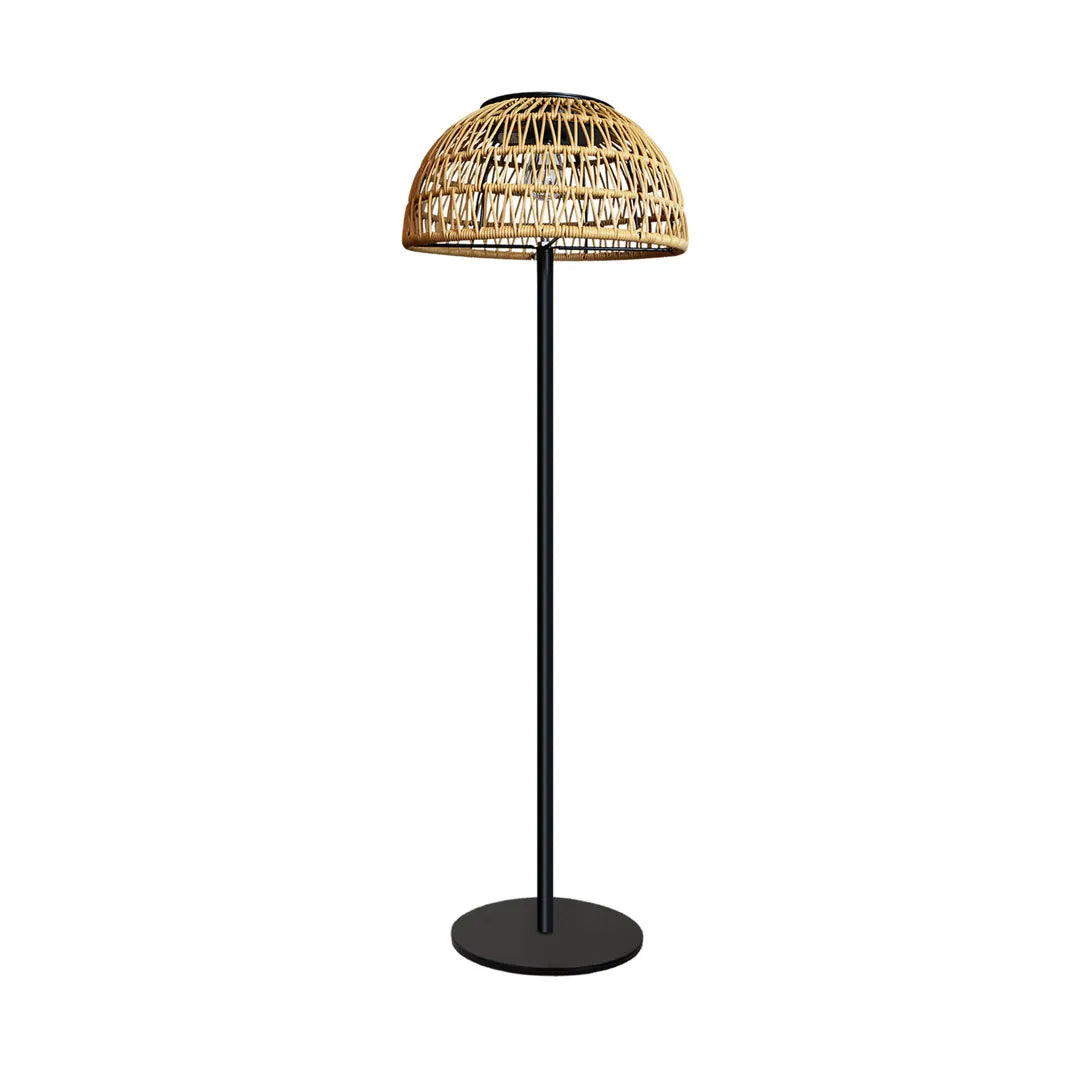 Outdoor solar pendant light featuring a dome-shaped woven rattan shade and slim black stand.